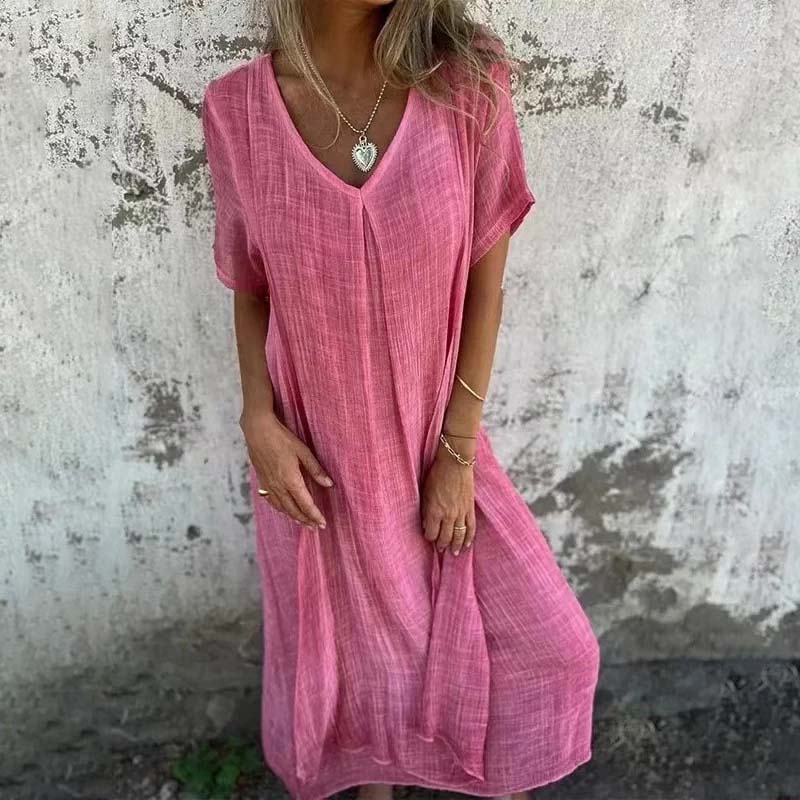 Lace-up V-neck cotton linen mid-sleeve dress main image 0