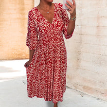 Load image into Gallery viewer, Casual Print V-Neck Waist Wrap Long Dress