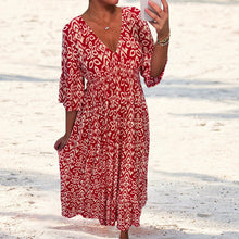 Load image into Gallery viewer, Casual Print V-Neck Waist Wrap Long Dress