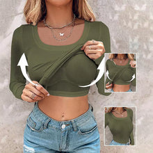 Load image into Gallery viewer, U Neck Built-in Bra Long Sleeve Tight Top