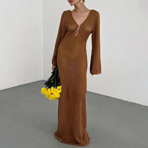Crochet Fishtail Flare Sleeve Maxi Dress
