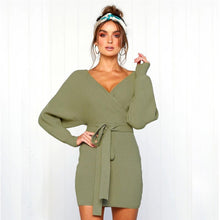 Load image into Gallery viewer, Lace Up V Neck Bodycon Sweater Dress