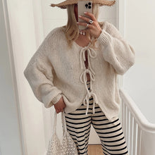 Load image into Gallery viewer, Women's Solid Color Tie Neck Drop Shoulder Cardigan