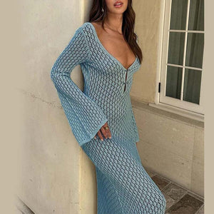 Crochet Fishtail Flare Sleeve Maxi Dress
