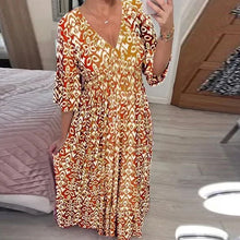 Load image into Gallery viewer, Casual Print V-Neck Waist Wrap Long Dress