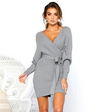 Load image into Gallery viewer, Lace Up V Neck Bodycon Sweater Dress