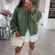 Load image into Gallery viewer, Women's Solid Color Tie Neck Drop Shoulder Cardigan