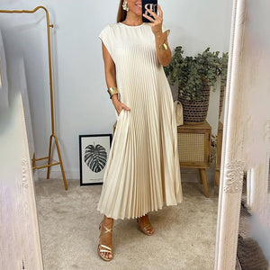 Women Pleated Simple Solid Color Dress
