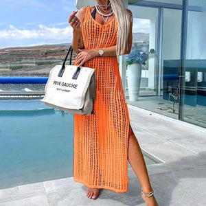 Crochet Knit Cross Back Cover Up Maxi Dress