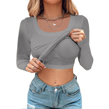 Load image into Gallery viewer, U Neck Built-in Bra Long Sleeve Tight Top