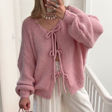 Load image into Gallery viewer, Women's Solid Color Tie Neck Drop Shoulder Cardigan