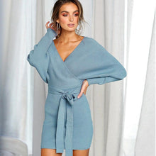 Load image into Gallery viewer, Lace Up V Neck Bodycon Sweater Dress