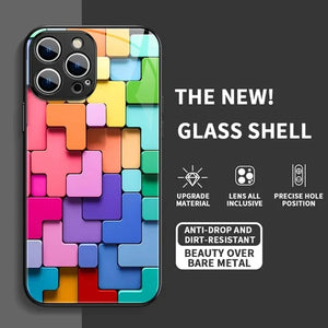Flat 3D Square Pattern Glass Case Cover Compatible with iPhone