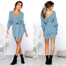 Load image into Gallery viewer, Lace Up V Neck Bodycon Sweater Dress