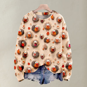Christmas Cute Little Turkeys Print Knit Pullover Sweater