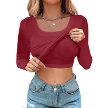 Load image into Gallery viewer, U Neck Built-in Bra Long Sleeve Tight Top