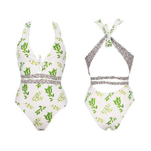 Load image into Gallery viewer, Knotted Front Leaf Plunged V Neck Halter One-Piece Swimsuit