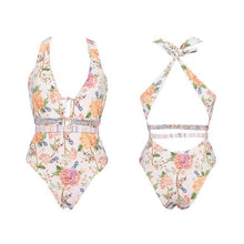 Load image into Gallery viewer, Knotted Front Floral Plunged V Neck Halter One-Piece Swimsuit