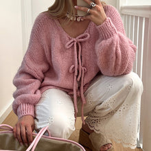 Load image into Gallery viewer, Women's Solid Color Tie Neck Drop Shoulder Cardigan
