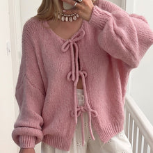 Load image into Gallery viewer, Women's Solid Color Tie Neck Drop Shoulder Cardigan