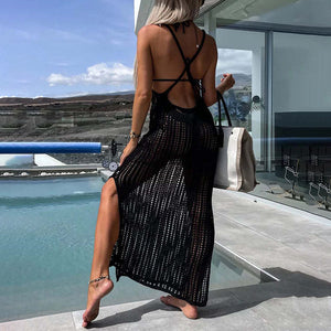 Crochet Knit Cross Back Cover Up Maxi Dress