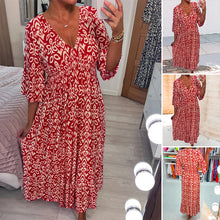 Load image into Gallery viewer, Casual Print V-Neck Waist Wrap Long Dress