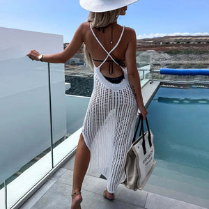 Crochet Knit Cross Back Cover Up Maxi Dress