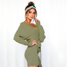 Load image into Gallery viewer, Lace Up V Neck Bodycon Sweater Dress