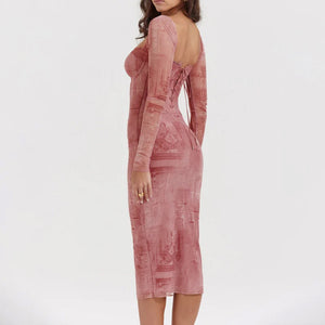 Pink Fitted Long-sleeve Dress