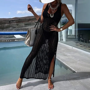 Crochet Knit Cross Back Cover Up Maxi Dress