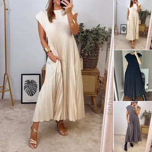 Women Pleated Simple Solid Color Dress