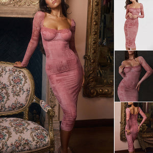 Pink Fitted Long-sleeve Dress