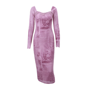 Pink Fitted Long-sleeve Dress