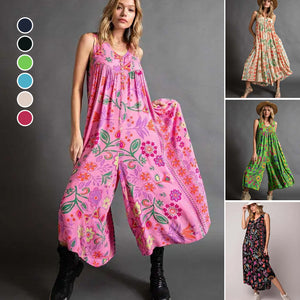 Vintage Floral Print Loose Sleeveless Jumpsuit