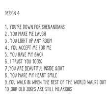 Load image into Gallery viewer, 10 Reasons Why You Are My Bestie Jute Bag With Hearts