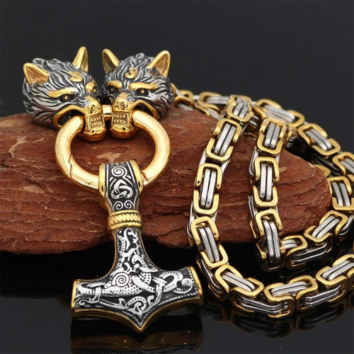 Wolf Head Thor's Hammer Viking Necklace