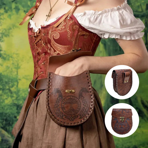 Vintage Medieval Nordic Embossed Leather Belt Bag